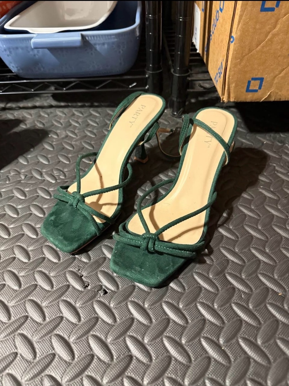 Forest Green Strappy Square-Toe Heeled Sandals